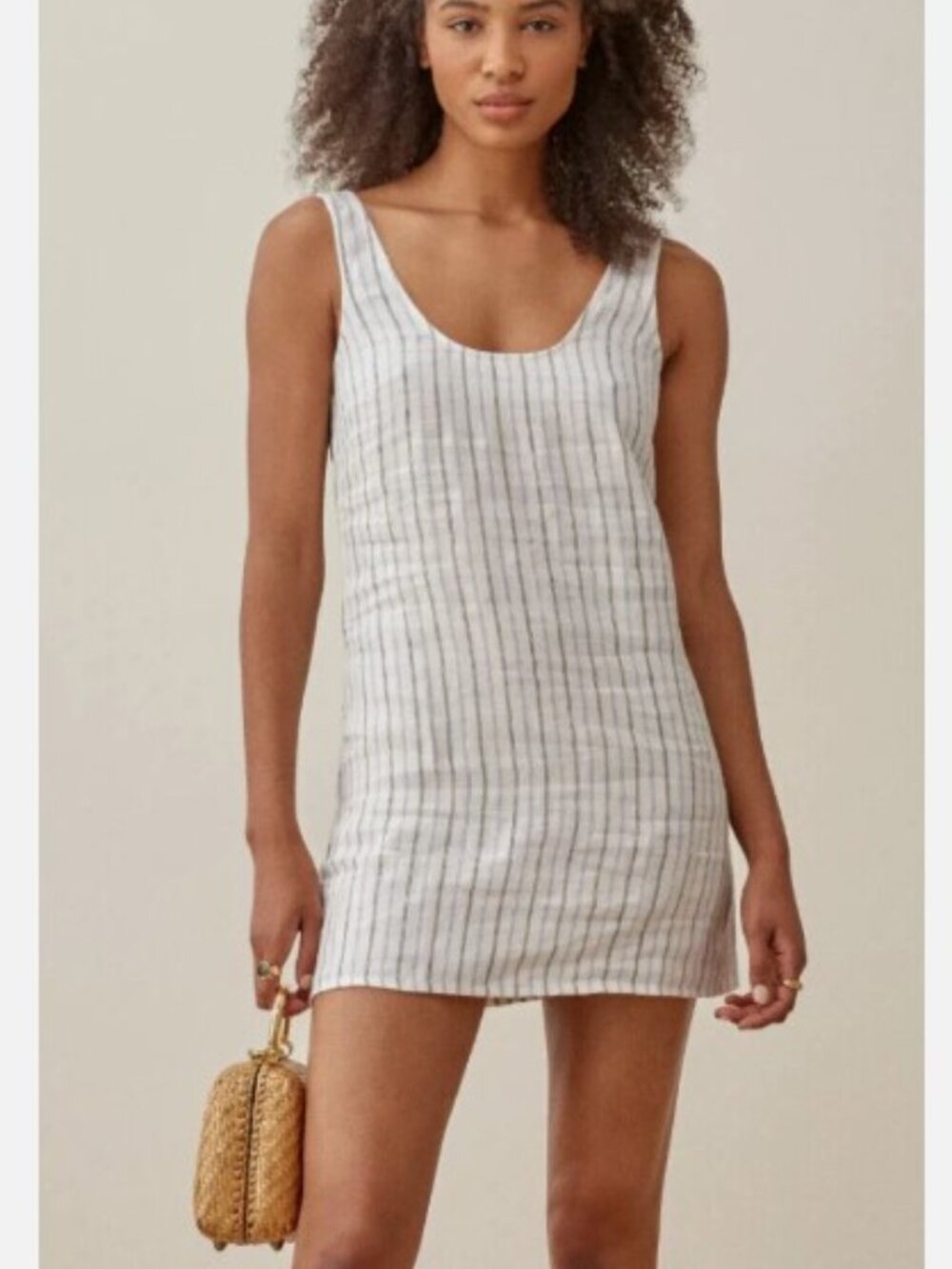 Reformation White Mini Linen Dress with Blue Stripes